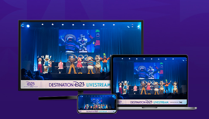 TV, laptop and cell phone with Destination D23 Livestream displaying on the screen