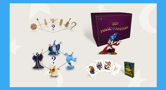 2024 D23 Gold Member Collector Set which contains seven gold pins, four vinyl figures, a purple box labeled “D23 Magic & Mystery” in gold letters, a vinyl sorcerer's apprentice Mickey figure, and a custom card deck.