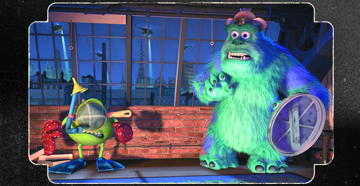 In a scene from Monsters, Inc. Mike Wazowski, a green, one-eyed, round monster, and James P. “Sully” Sullivan, a large, hairy, cyan-blue monster, are standing in a room. They both stare slightly to their right with scared gaze.
