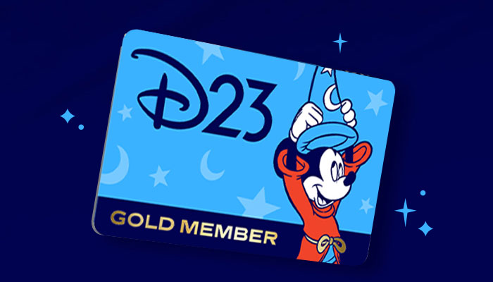A graphic of the D23 Gold Member Card. On the left side of the card is an image of Sorcerer Mickey putting on his sorcerer hat.
