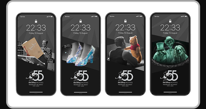 Four Archives 55 phone wallpapers: Walt with story draft, Cinderella glass slippers, Christopher Robin & Pooh, and Haunted Mansion ghosts.