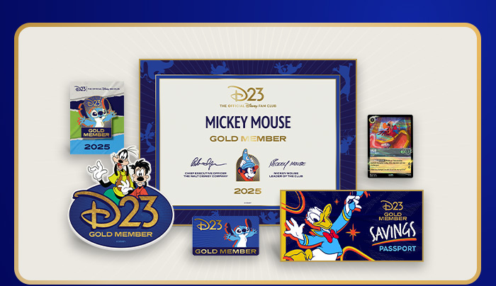 D23 Gold Member 2025 kit—certificate, Goofy & Max pin, Stitch badge, Donald Savings passport, and trading card.