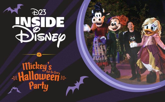 Inside Disney Mickey's Not-so-scary Halloween Party with Clarabelle, Mickey, Daisy, and guest in Halloween costumes.