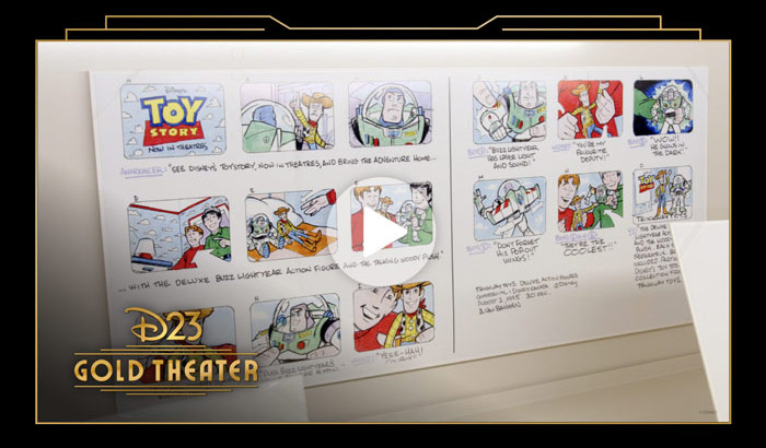 Toy Story storyboard sketches with carrot play button overlay