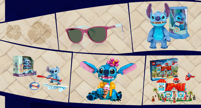 Stitch-themed prize bundle-Pink Ray-Ban sunglasses, plush and puppet Stitch toys, LEGO sets, and RC car. 