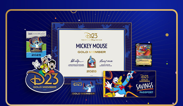 D23 Gold Member 2025 kit—certificate, Goofy & Max pin, Stitch badge, Donald Savings passport, and trading card.