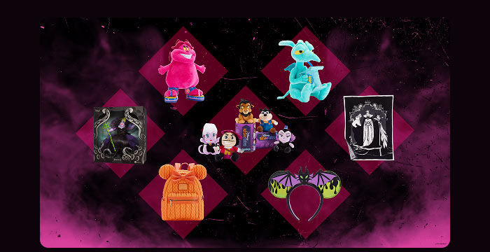 Disney Villainous Sweepstakes prizes including plush toys, pins, backpack, and headband on pink and black background.