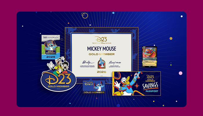 D23 Gold Member 2025 collector set featuring Mickey Mouse certificate, pin, and Donald Duck savings passport.