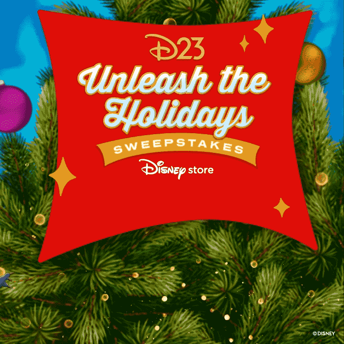 D23 Unleash the Holidays Sweepstakes with Stitch popping out of a gift box in front of a Christmas tree.