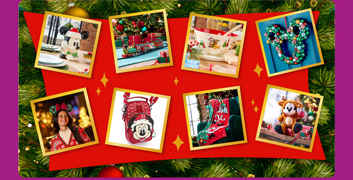 Holiday merchandise collage including Mickey table decor, train set, festive bowl, Mickey-shaped wreath, woman in holiday Mickey ear headband, Mickey holiday bag, holiday blanket, and plush reindeer Mickey.