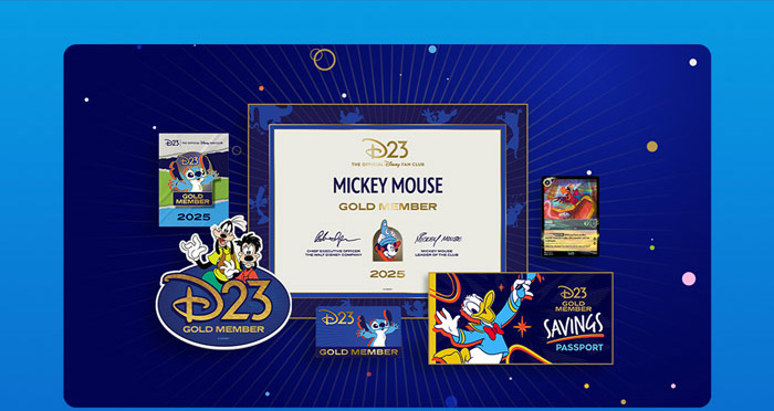D23 Gold Member 2025 collection featuring membership certificate, Stitch badge, character pin, Donald Duck artwork, and the D23 Gold Member Savings Passport.