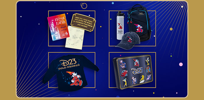 D23 Gold Member merchandise set displayed in a blue grid featuring Sorcerer Mickey apparel, backpack, water bottle, hat, and pin collectible.