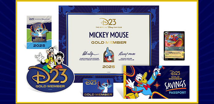 The 2025 D23 Gold Membership Kit items, a membership certificate at the center and, pictured counterclockwise from the top left, a collectible Stitch Gold Member pin, a Goofy and Max car magnet, a Gold Membership card depicting Stitch, a Savings Passport depicting Donald Duck (providing discounts with Disney and Friends of Disney), plus a special D23 Disney Lorcana trading card featuring Iago from the Disney classic Aladdin (1992).