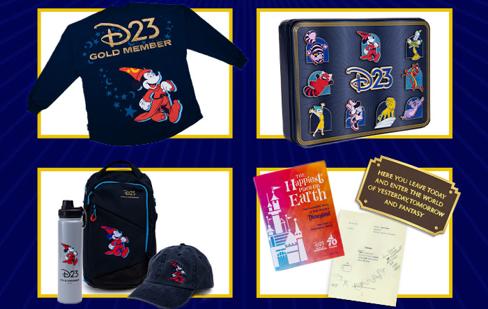 Showcasing the four 2025 D23 Gold Member Premiums: Disneyland 70th Collection, including The Happiest Place on Earth, a replica Disneyland Park entrance plaque, and a reproduction of the Disneyland Entrance plaque text draft; Gold Member Fan Pack including a Sorcerer's Apprentice Mickey Mouse water bottle, crossbody bag, and hat; a Sorcerer's Apprentice Mickey Mouse Spirit Jersey; and a 10-piece Pin Sets.