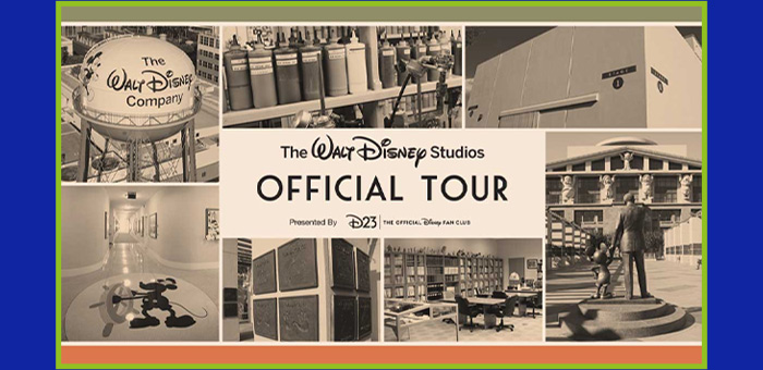 7 black and white pictures are gridded together with a white box that has black text reading “The Walt Disney Studios Official Tour Presented By D23 The Official Disney Fan Club” in the middle of the page. The 3 pictures on top include (from left to right) a water tower reading “The Walt Disney Company”, a bunch of paint bottles sitting on shelves, and the wall of a studio. The 4 pictures on the bottom include (from left to right) a hallway with an image of Steamboat Willy printed on the floor in his sailor outfit and cap holding onto the boat wheel, handprint plaques that hang on the wall, an office filled with books on shelves, and half of the Walt Disney statue holding Mickey Mouse.