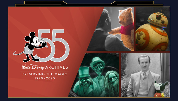 “55 Walt Disney Archives-preserving the Magic 1970-2025.”  Mickey writes a large “55” on a red field; side panels show Walt with Winnie-the-Pooh, BB-8, the Hitchhiking Ghosts and a vintage portrait of Walt.