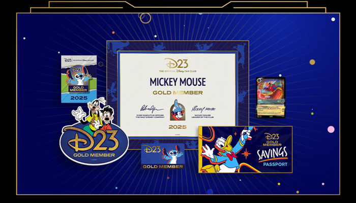 The 2025 D23 Gold Membership Kit items, a membership certificate at the center and, pictured counterclockwise from the top left, a collectible Stitch Gold Member pin, a Goofy and Max car magnet, a Gold Membership card depicting Stitch, a Savings Passport depicting Donald Duck (providing discounts with Disney and Friends of Disney), plus a special D23 Disney Lorcana trading card featuring Iago from the Disney classic Aladdin (1992).