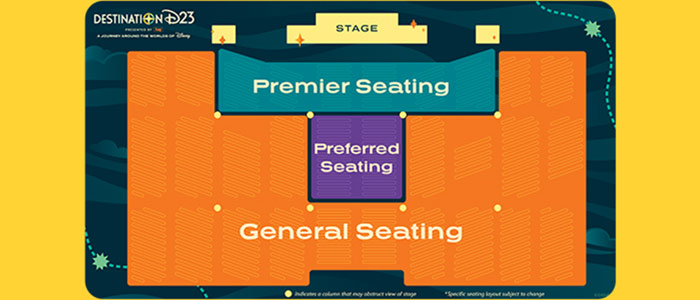 Seating chart for Destination D23 showing stage layout with premier seating in blue, Preferred Seating in purple, and General Seating in orange.