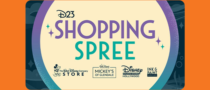 D23 Shopping Spree featuring logos for The Walt Disney Company Store, Mickey's of Glendale, Disney Studio Store Hollywood, and Ink & Paint.