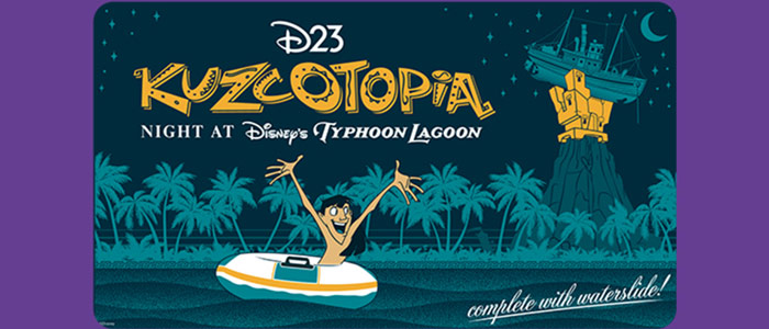 D23's Kuzcotopia Night at Disney's Typhoon Lagoon with Kuzco riding an inner tube and a water slide under the moonlight.