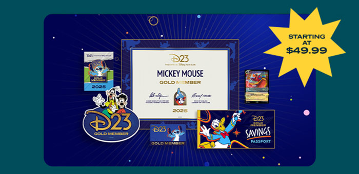 D23 2025 Gold Member welcome kit with certificate, pins, savings passport and member card for 2025 featuring Mickey, Donald, and Goofy.