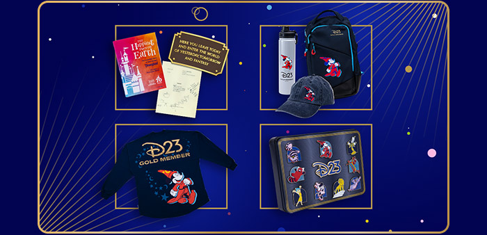 Premium D23 member-exclusive items including Gold Member shirt, backpack, water bottle, cap, book, plaque, and pin set.