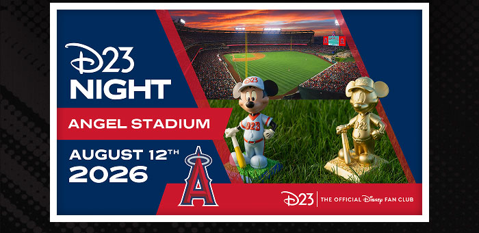 D23 Night Angel Stadium August 12th 2026. At its side, D23 Mickey Mouse baseball figure and gold variant collectible statue set with Angel stadium in the background.