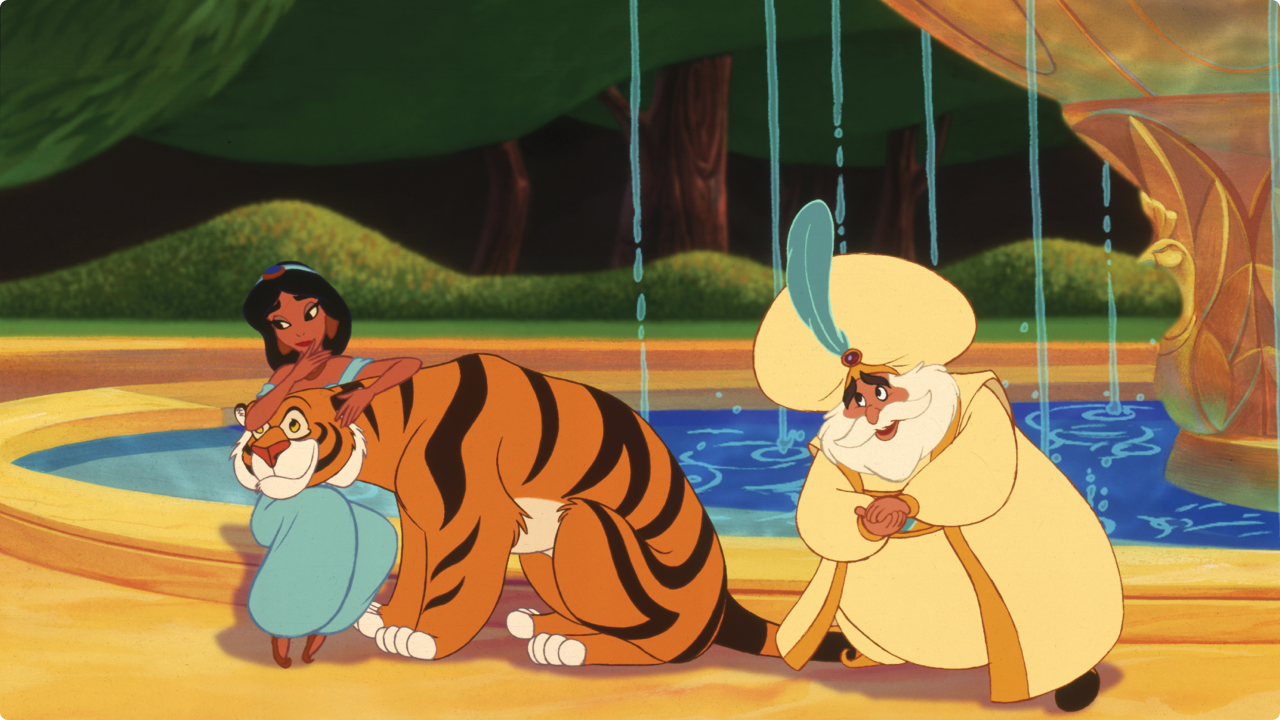 Princess Jasmine petting her tiger Rajah