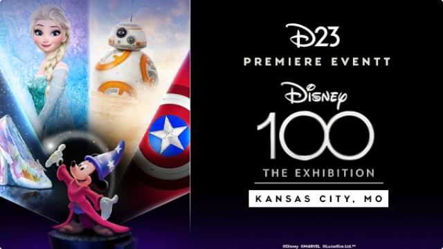 Image of Disney100: The Exhibition Key Art featuring Sorcerer Mickey Mouse with four facets behind him featuring Cinderella’s Glass Slipper, Elsa from Frozen, BB-8 from Star Wars, and Captain America’s Shield. On the right side of the graphic is the event name that reads `D23 Premiere Event. Disney 100 The Exhibition. Kansas City, MO,` with the logo for the exhibit against a dark background.