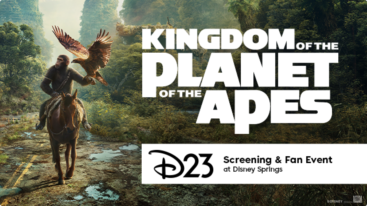 Image of key art for Kingdom of the Planet of the Apes, featuring the film logo on the right side with the name of the event. Key art depicts character Noa from the film on a horse with a cityscape behind him, reclaimed by nature and plant life. On top of the image, in bold, white letters, it reads: Kingdom of the Planet of the Apes. D23 Screening and Fan Event at Disney Springs.