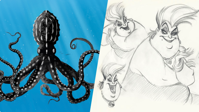 Secrets of the Octopus. Image contains an octopus on the left with sketches of Ursula on the right