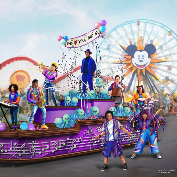 An image of a parade occurring in the float surrounded by other characters of  Soul, is Joe Gardner. In the background, Pixar’s Pal-A-Round attraction is visible with a clear shot of Mickey Mouse ear-to-ear wide smile at the center of the ferris wheel.