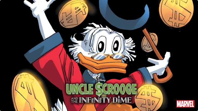 Uncle Scrooge holding up his hat with his cain and saluting us with coins floating around him.