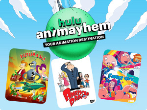 From top to bottom. Banner reads: HULU ANIMAYHEM. Your Animation Destination. Below are covers of Futurama, American Dad, and Family Guy.