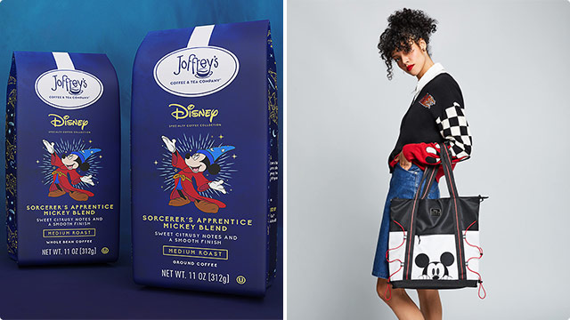 A diptych collage featuring two distinct Disney-themed items. On the left, there are two pieces of Disney-themed jewelry against a blue, starry background. The first is a silver necklace featuring a detailed miniature of Cinderella's Castle encased in a glass dome. The second is a pendant of Maleficent in her dragon form, intricately designed with a black gemstone at the center. On the right, a stylish young woman wearing a black and white varsity-style jacket with a checkered sleeve design, holding a large tote bag. The tote bag is black and white with a Mickey Mouse face prominently displayed on the front, combining fashion with a touch of Disney magic.