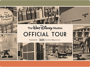An image collage of Walt Disney Studios with 7 black and white pictures gridded together. At its center, a white box with black text reading 'The Walt Disney Studios Official Tour Presented By D23 The Official Disney Fan Club' in the middle of the page.