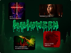 An image including various features available via Huluween streaming. Titles include: FX's Grotesquerie, Immaculate, FX's American Horror Stories, and Hold Your Breath.