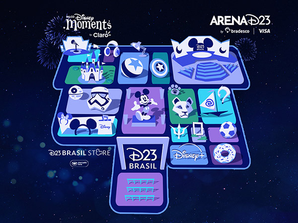 A cartoon-style illustration revealing the layout for D23 Brazil - A Disney Experience, set for November 8 through 10 in Sao Paolo, Brazil.