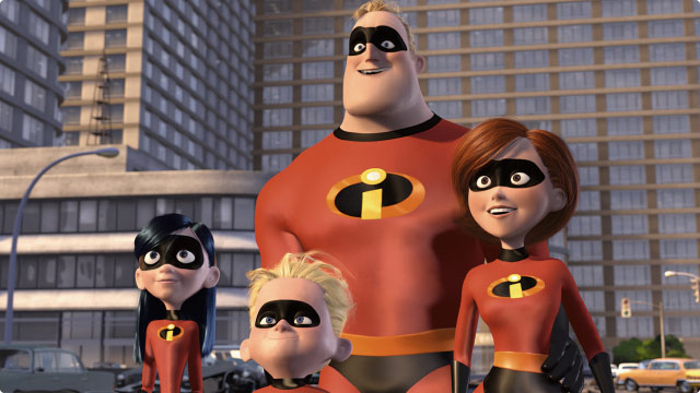 A scene from The Incredibles featuring Bob, Helen, Violet and Dash Parr