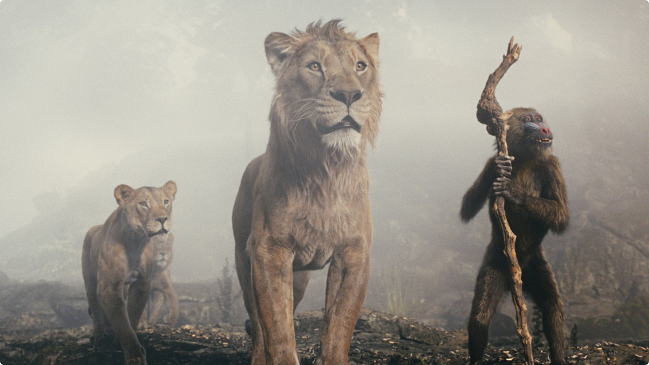 (L-R) Taka (voiced by Kelvin Harrison Jr.) Mufasa (voiced by Aaron Pierre) and Rafiki (voiced by John Kani) in Disney's live-action Mufasa: The Lion King.