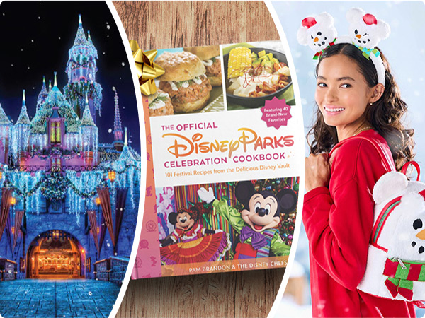 A triptych collage featuring Disneyland's Sleeping Beauty Castle in full Christmas decoration along with The Official Disney Parks Celebration Cookbook and  Disney Christmas merchandise and accessories.