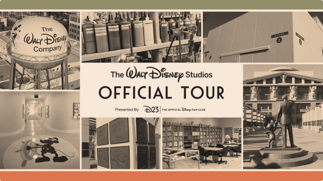 7 black and white pictures are gridded together with a white box that has black text reading “The Walt Disney Studios Official Tour Presented By D23 The Official Disney Fan Club” in the middle of the page. The 3 pictures on top include (from left to right) a water tower reading “The Walt Disney Company”, a bunch of paint bottles sitting on shelves, and the wall of a studio. The 4 pictures on the bottom include (from left to right) a hallway with an image of Steamboat Willy printed on the floor in his sailor outfit and cap holding onto the boat wheel, handprint plaques that hang on the wall, an office filled with books on shelves, and half of the Walt Disney statue holding Mickey Mouse.