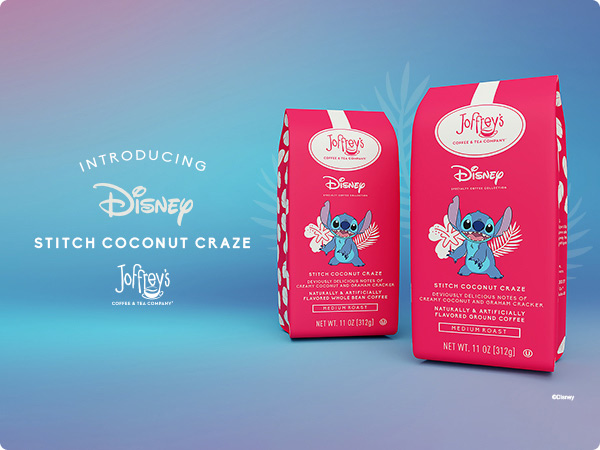 Two red Joffrey's Coffee bags showcase Stitch in front of two white flower silhouettes. Each bag features the Joffrey's logo and the Disney logo. The banner reads, ‘Introducing Disney Stitch Coconut Craze; Joffrey Coffee & Tea Company.’ Coffee bags text reads, 'Stitch Coconut Craze; Deviously delicious notes of creamy coconut and graham cracker; naturally & artificially flavored ground coffee; medium roast.'