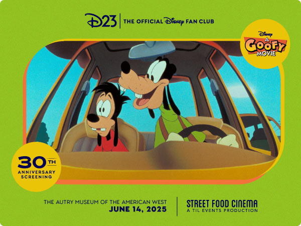 Goofy and Max in a car from A Goofy Movie. Goofy drives with a cheerful expression while Max looks nervous in the passenger seat. 30th Anniversary Screening at The Autry Museum of the American West June 14, 2025 | Street Food Cinema A Til Events Production.