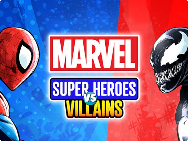 Marvel Super Heroes vs Villains showdown, featuring Spider-Man and Venom. The background is split into red and blue emphasizing their confrontation, with the title in the center.