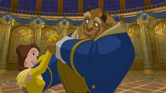 Belle and Beast dancing in the grand ballroom. The two characters share a joyful waltz under golden chandeliers in Beauty and the Beast.