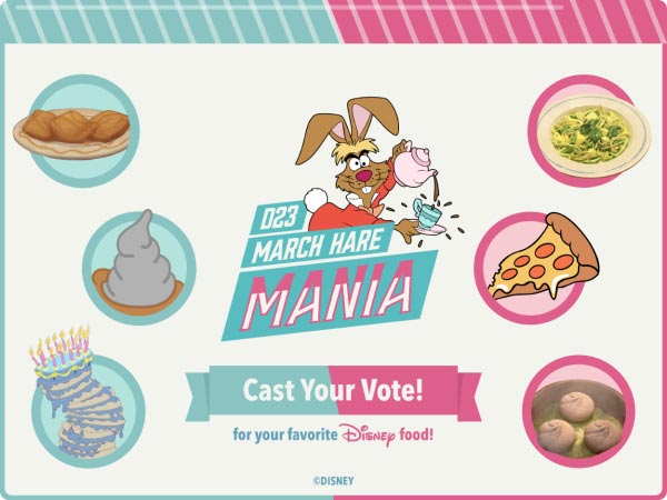 D23 March Hare Mania. Cast your Vote! For your favorite Disney food. The March hare spills tea next to illustrated Disney food options like Dole whip, pizza, and Mickey-shaped treats.