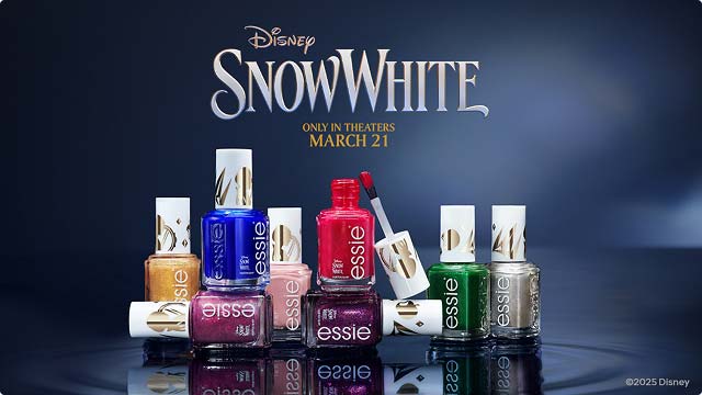 Disney’s Snow White only in Theaters March 21. Included in graphic Essie nail polish collection. A dark, elegant design showcasing a vibrant lineup of nail polish inspired by the film.