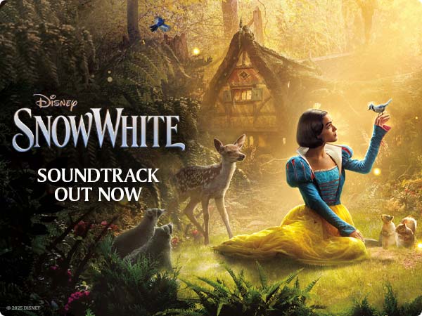 Disney’s Snow White live-action soundtrack release. Snow White sits in an enchanted forest, surrounded by woodland creatures, with text announcing soundtrack out now.