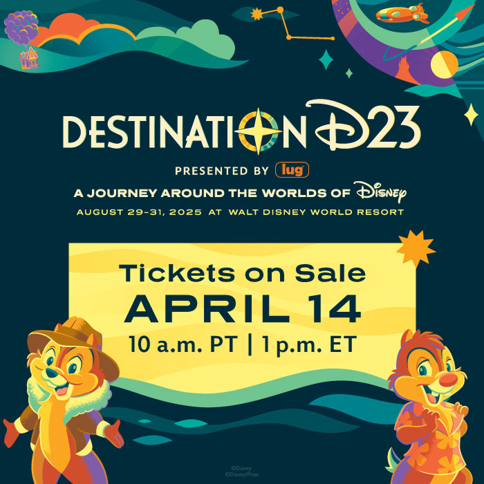 Destination D23, presented by Lug, takes place August 29-31, 2025 at Walt Disney Worlds Resort, with tickets on sale April 14; Chip and Dale appear in the artwork.